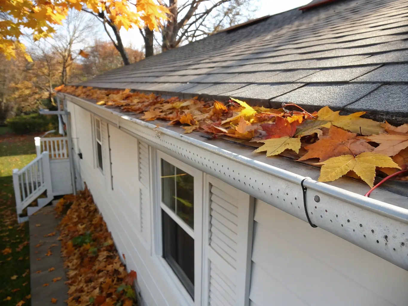 A clean gutter system free of leaves and debris, highlighting Accetta Landscaping's gutter cleaning service.
